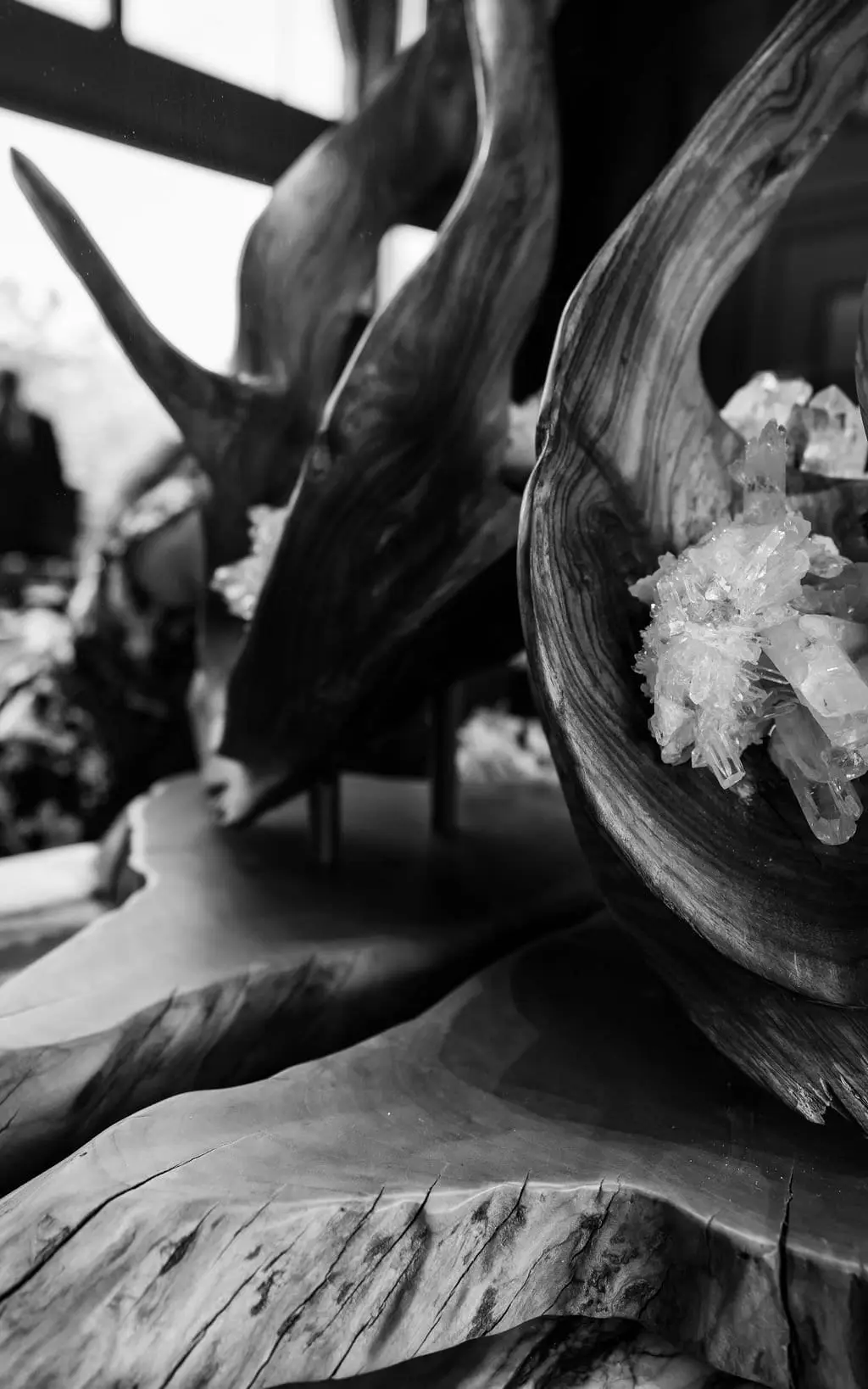Black and white of a quartz crystal cluster nestled in driftwood-style table decor