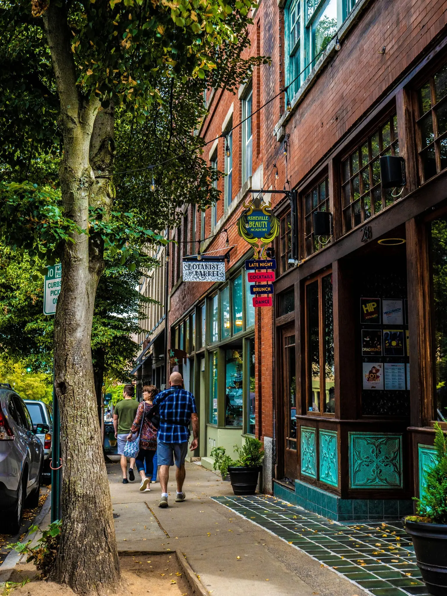 Brick storefronts and a tree-lined sidewalk in downtown Asheville