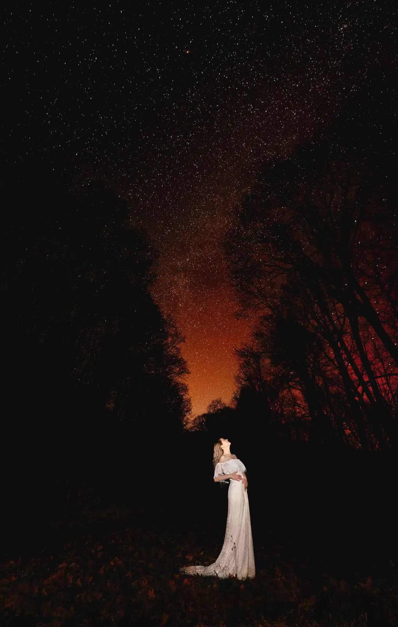 Bride in a white gown standing alone under a starry night sky between silhouetted trees