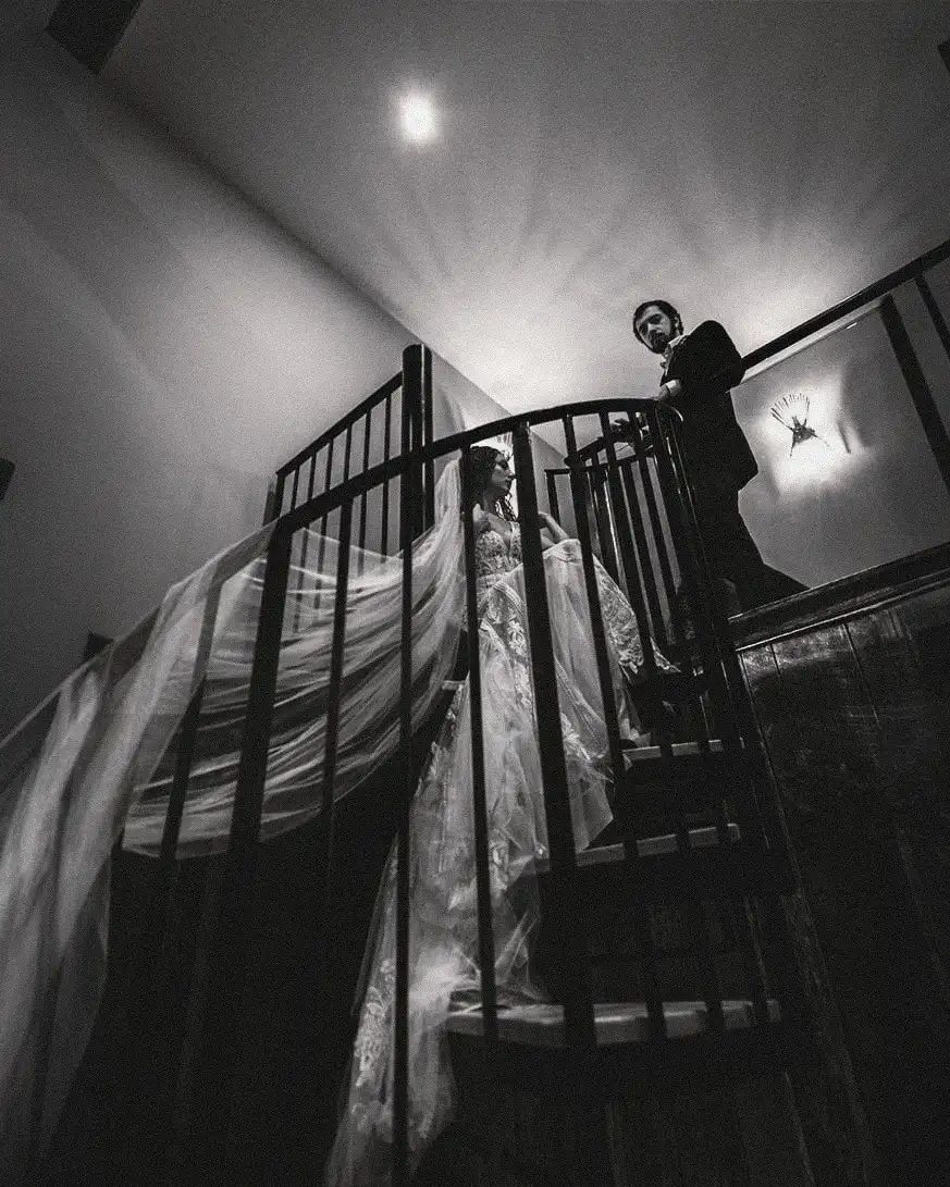 Black and white from below: the bride on a spiral staircase, her veil sweeping over the rail, the groom looking down from the landing