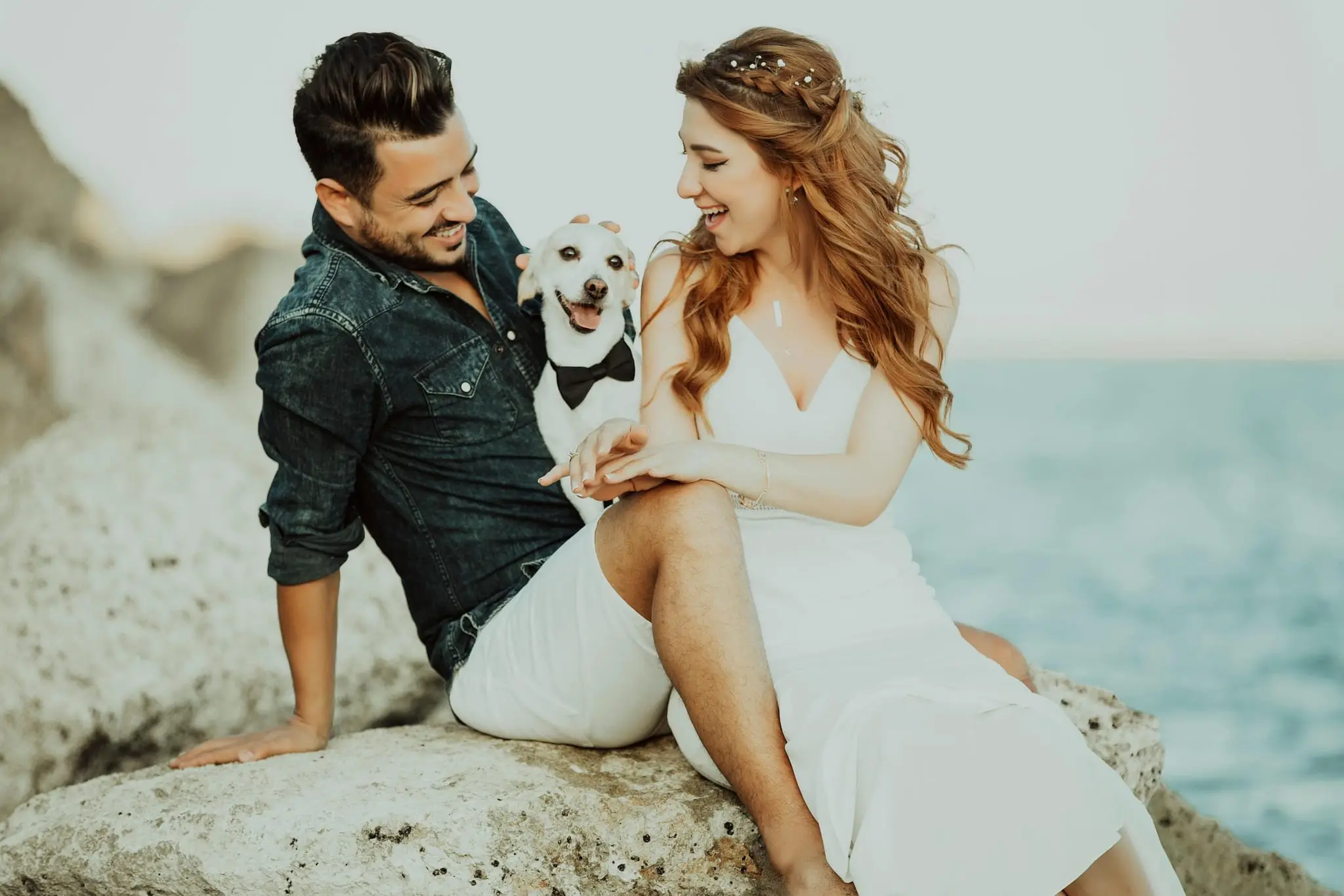 Smiling couple sitting on a seaside rock with their small dog in a bow tie